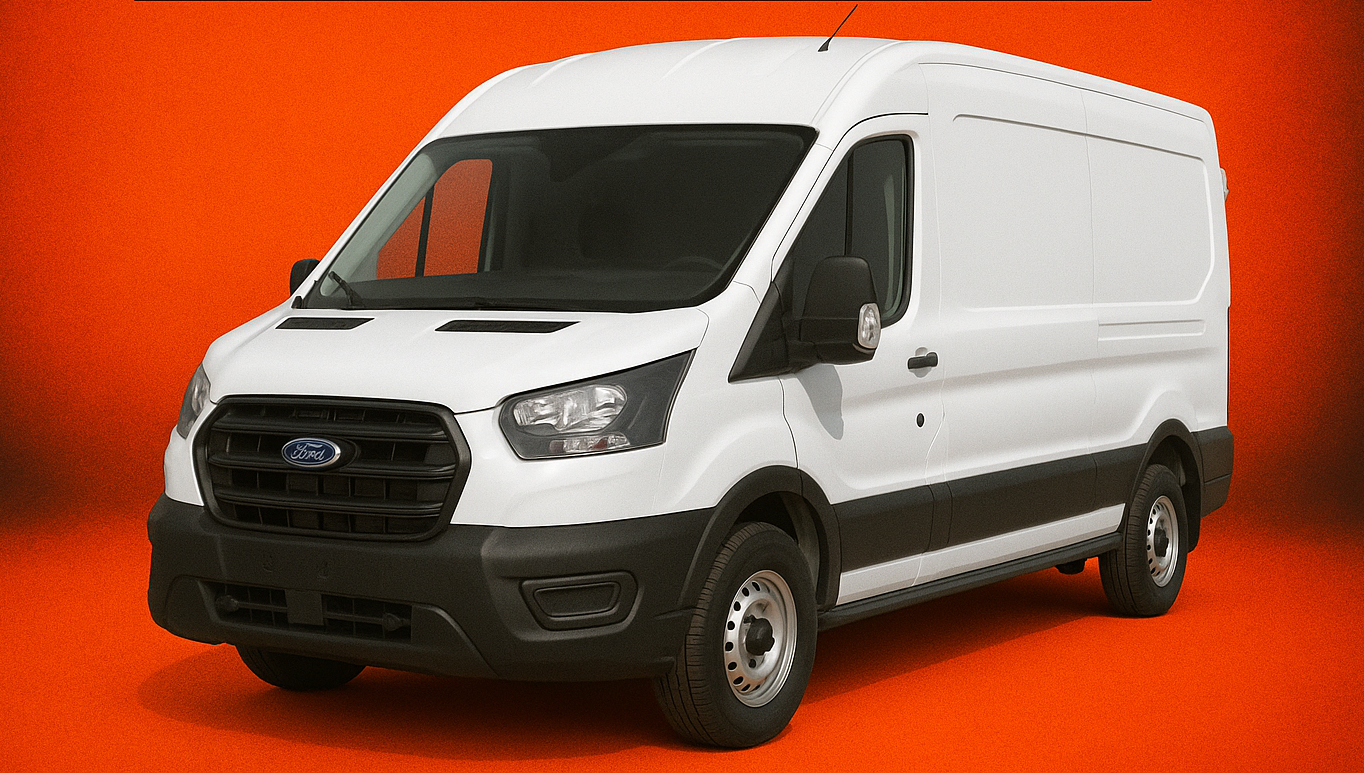 Valkoinen Ford Transit pakettiauto oranssilla taustalla, Pakettiautohuolto.fi-logo yläreunassa – Ford Transit huolto ja pakettiautohuolto